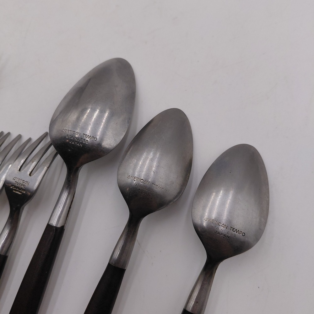 AMERICAN TEMPO 12 Mid Century Modern Stainless Flatware Faux Wood Japan MCM - Picture 7 of 10